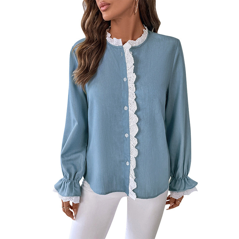 Ladies Romantic Blouse with Crochet Lace Trim and Balloon Sleeves Mune Fashion