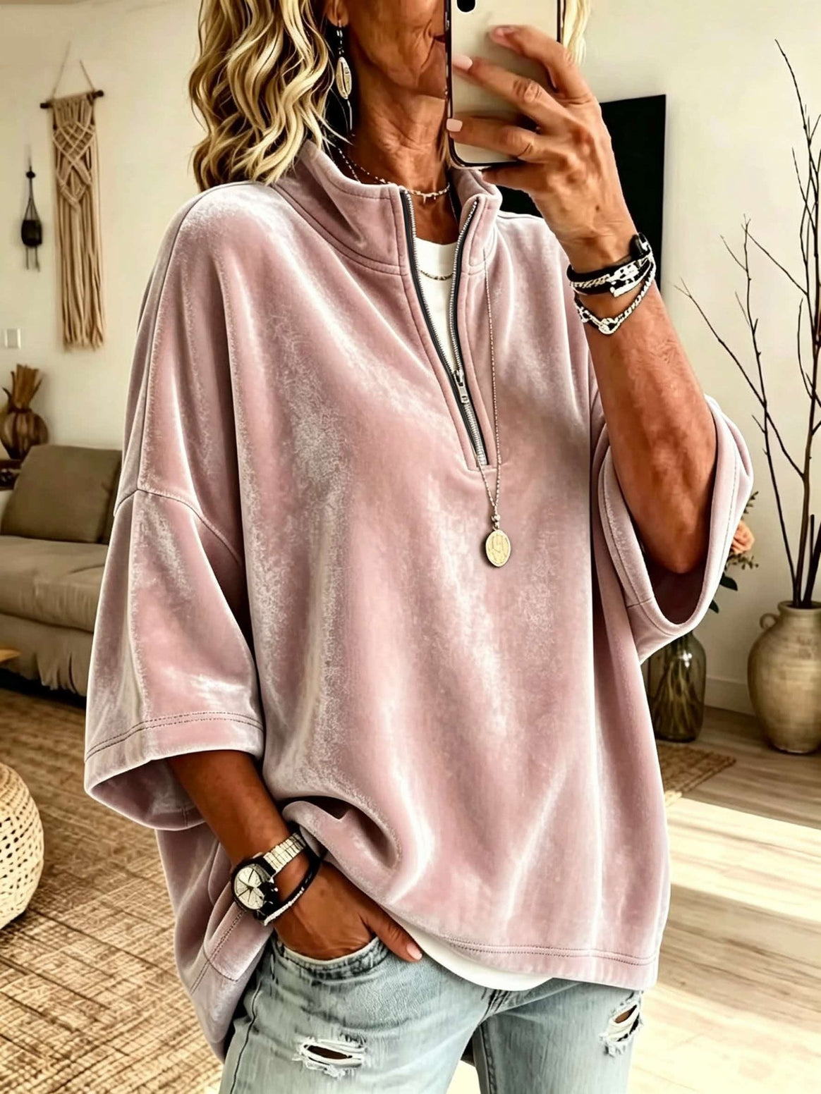 Women's Oversize Velvet Sweater with Short Zipper and Stand-Up Collar Mune Fashion