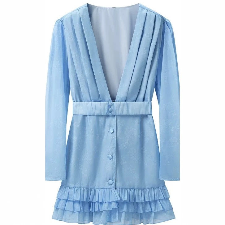 Women's Short Satin Dress with Deep V-Neck, Waist Belt and Layered Ruffles Mune Fashion