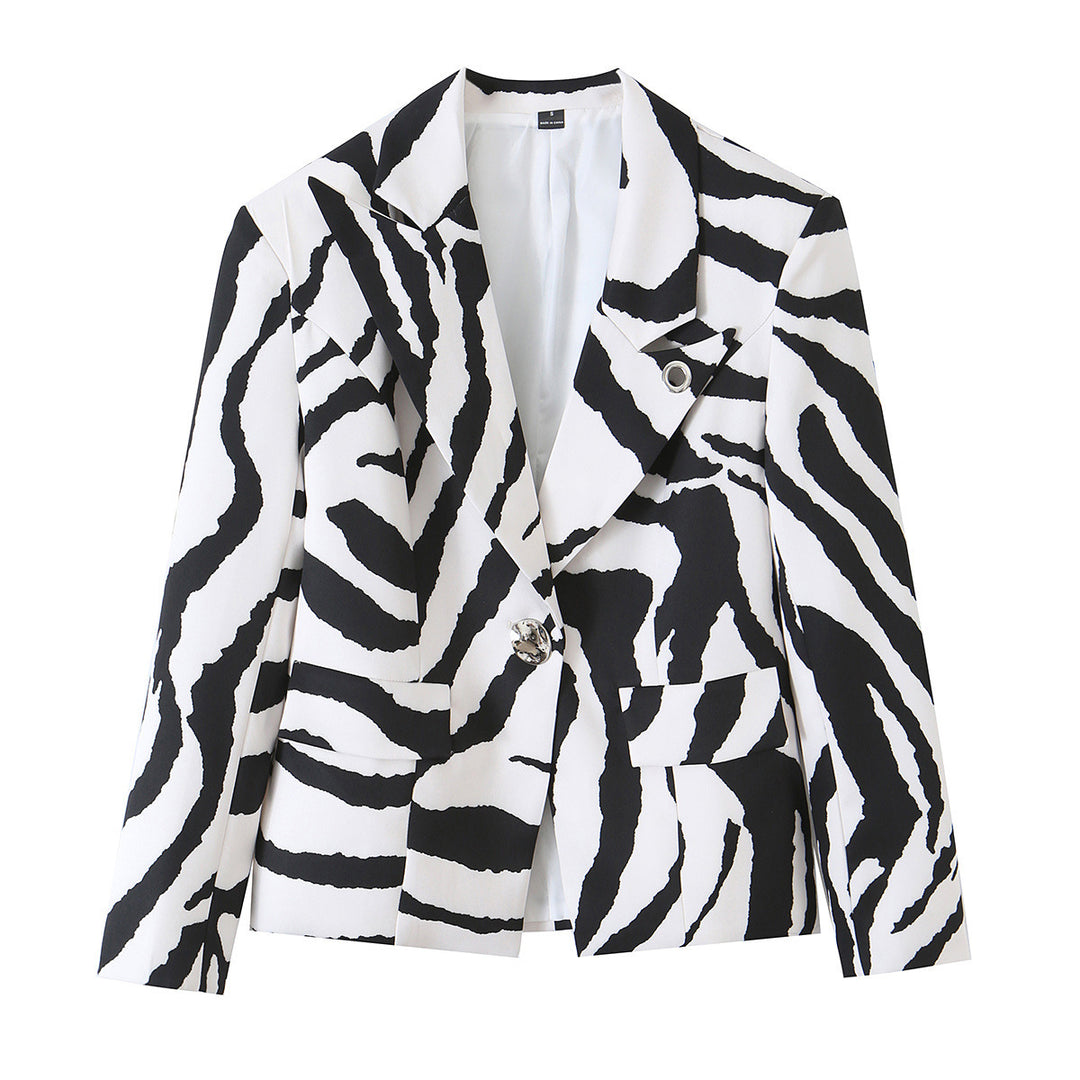 Women’s Statement Zebra Blazer with Lapel Collar and Tailored Silhouette Mune Fashion