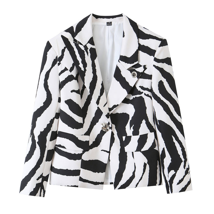 Women’s Statement Zebra Blazer with Lapel Collar and Tailored Silhouette Mune Fashion