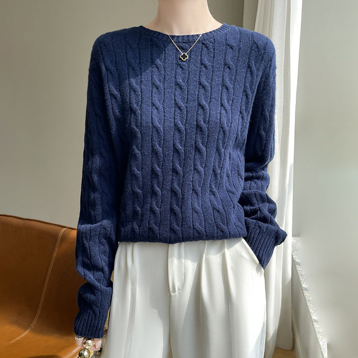 Women's cable knit round neck sweater made of soft wool blend with ribbed cuffs Mune Fashion