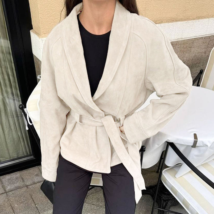 Women Velvet Leather Jacket with Shawl Collar and Tie Belt Mune Fashion