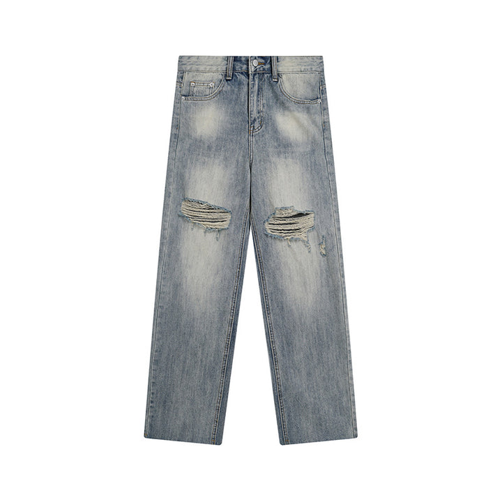 Women’s Wide Destroyed Jeans with High Waist, Straight Leg and Knee Rips Mune Fashion