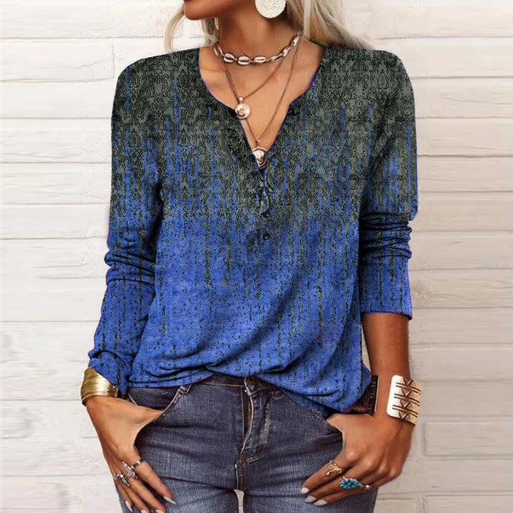 Women Loose Long Sleeve Henley Shirt with V-Neck, Button Placket and Ombre Print Mune Fashion