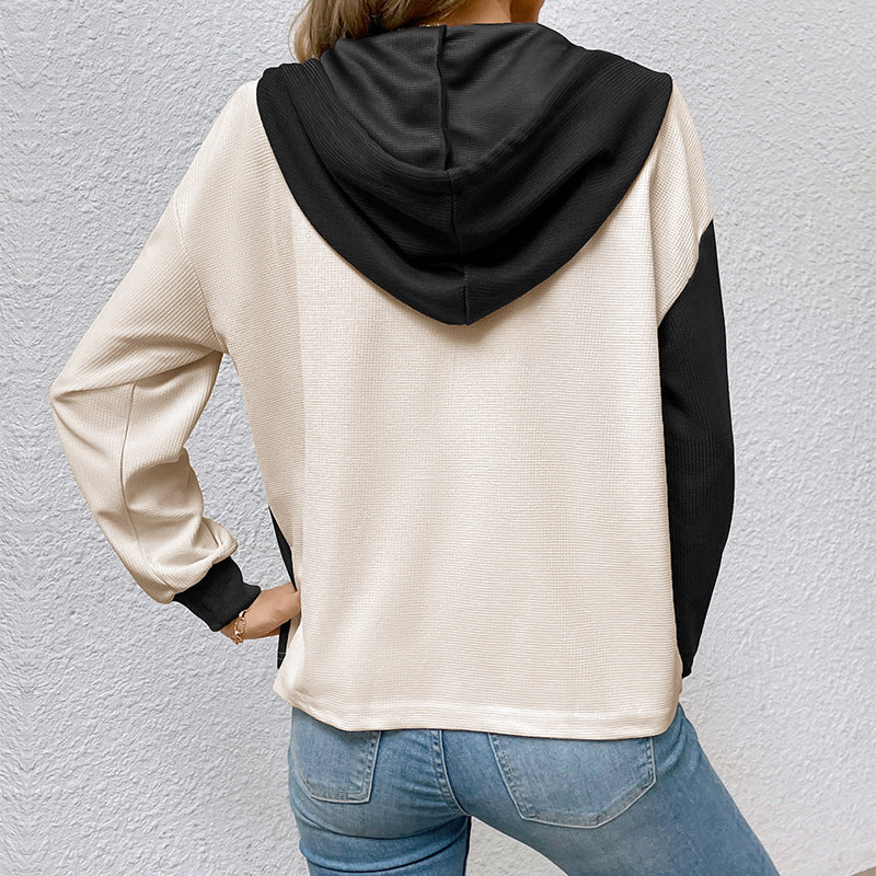Women's Casual Hoodie Top with Button Placket and Color Block Design Mune Fashion