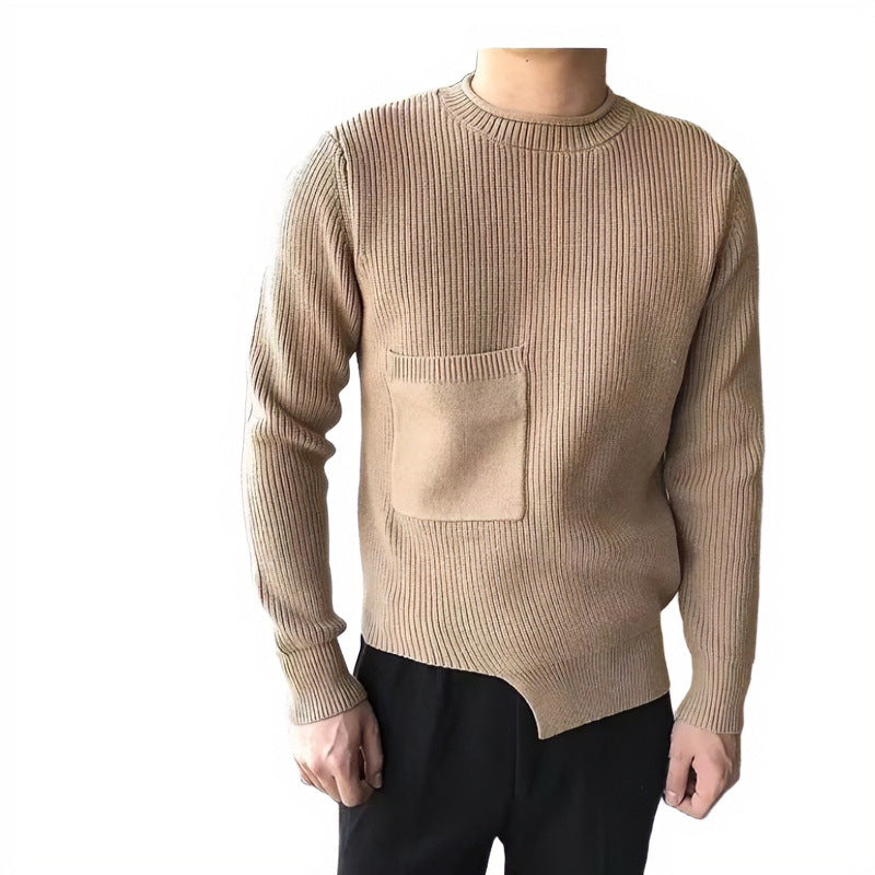 Men's coarse ribbed round neck pullover with patch chest pocket Mune Fashion