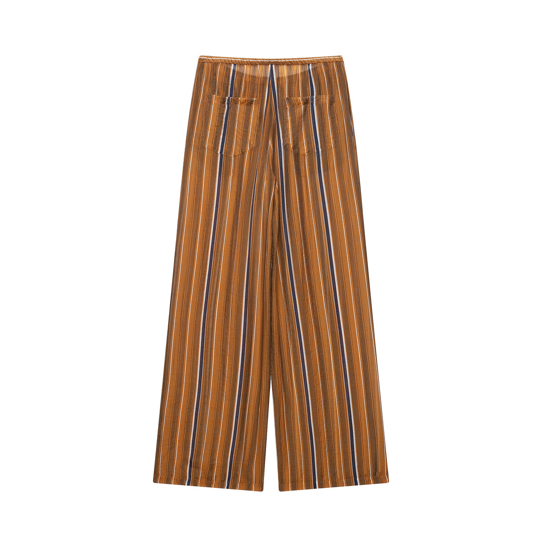 Ladies Wide Palazzo Pants with Drawstring Waist and Vertical Stripe Jacquard Mune Fashion