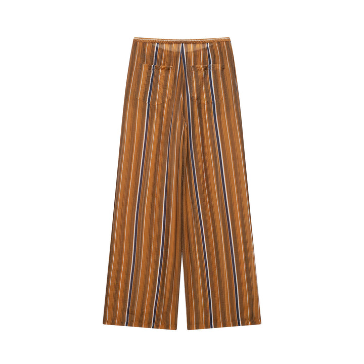 Ladies Wide Palazzo Pants with Drawstring Waist and Vertical Stripe Jacquard Mune Fashion