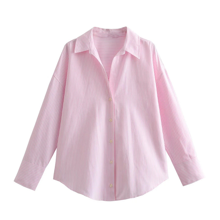 Women 20+ Oversized Stripe Blouse with Shirt Collar and Long Cuffs Mune Fashion
