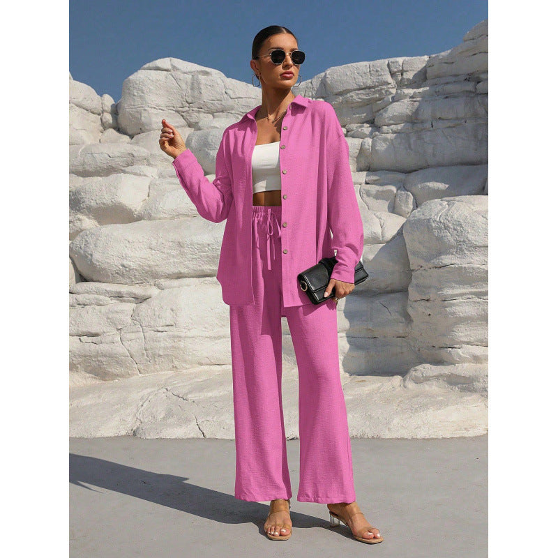 Women's Two-Piece Linen Look Loungewear Set with Oversized Shirt and Wide Comfort Palazzo Mune Fashion
