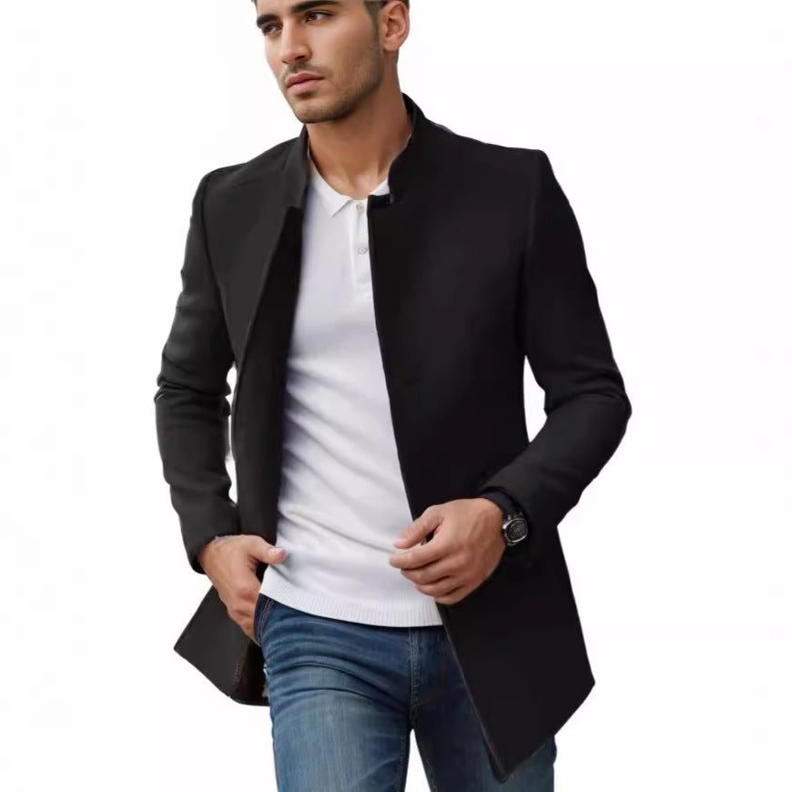 Men's Stand-Up Collar Longline Coat in Slim Fit with Hidden Button Placket Mune Fashion
