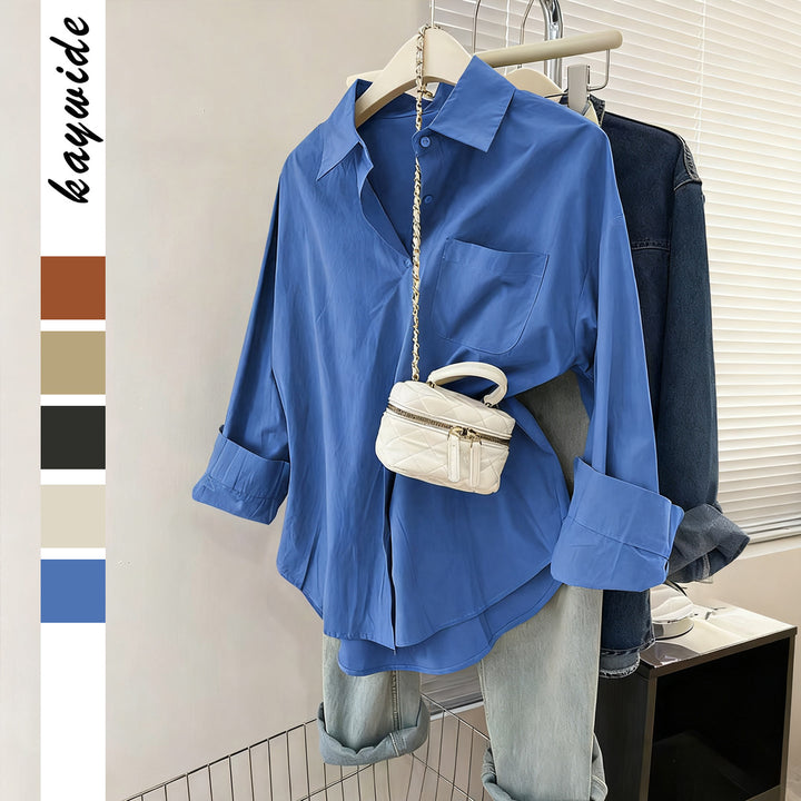 Women's oversized shirt blouse with chest pocket, turned-up sleeves and relaxed fit Mune Fashion