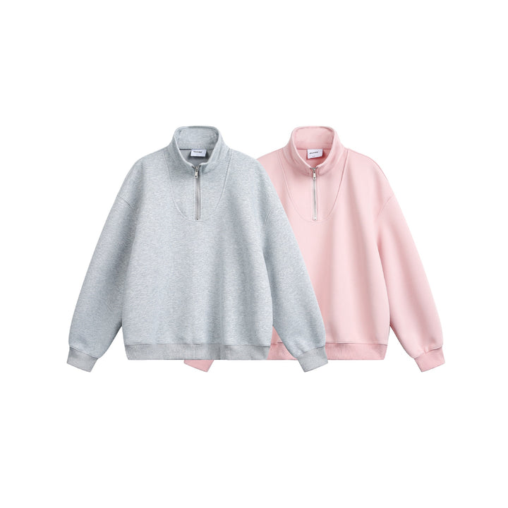 Women Oversize Sweatshirt with Half Zip and Stand-Up Collar Mune Fashion