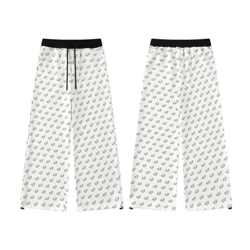 Women's Wide Palazzo Lounge Pants with Elastic Comfort Waistband, Drawstring and Allover Mini Icon Print Mune Fashion