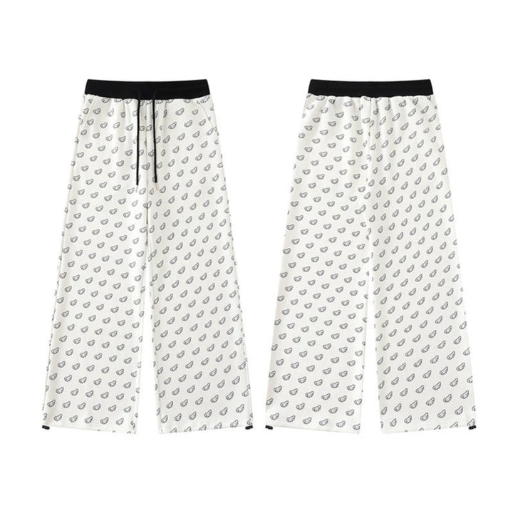 Women's Wide Palazzo Lounge Pants with Elastic Comfort Waistband, Drawstring and Allover Mini Icon Print Mune Fashion