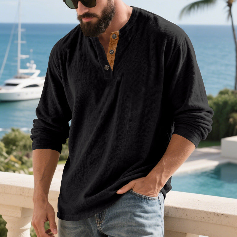 Men's long-sleeve Henley shirt made of structured cotton blend with decorative button placket Mune Fashion