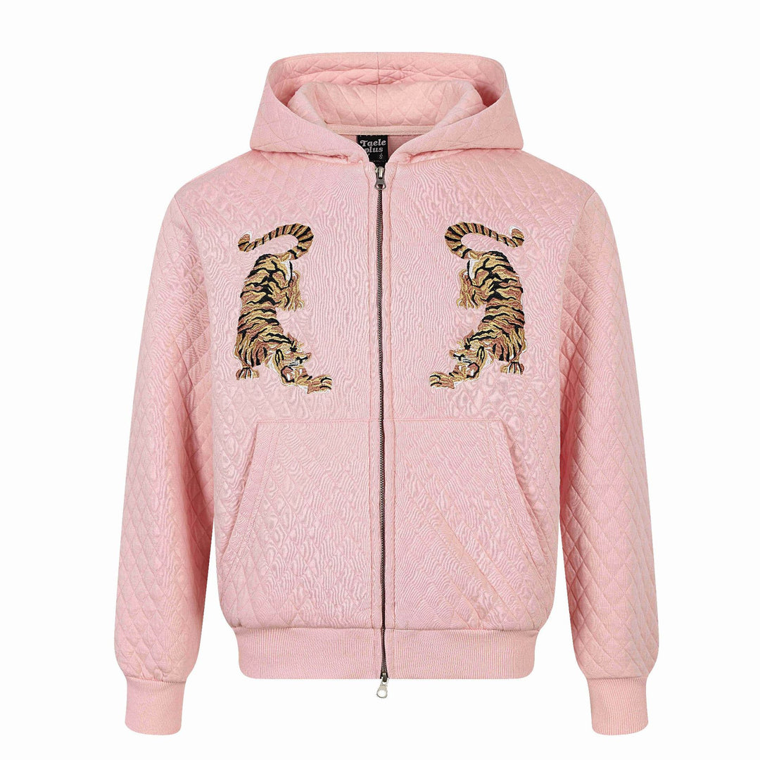 Unisex Quilted Hooded Jacket with Zipper, Kangaroo Pocket and Reflective Tiger Embroidery Mune Fashion