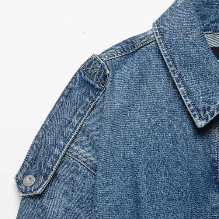 Women's Cropped Denim Jacket with Epaulettes, Concealed Button Placket, and Boxy Silhouette Mune Fashion