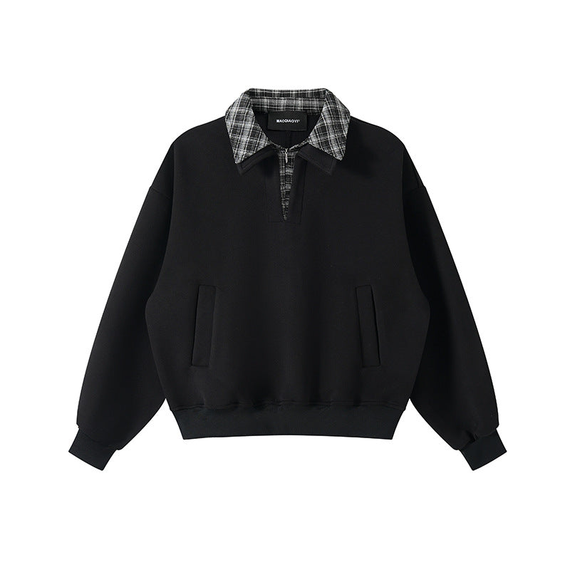 Unisex layered look sweatshirt with sewn-in check collar and side pocket openings Mune Fashion