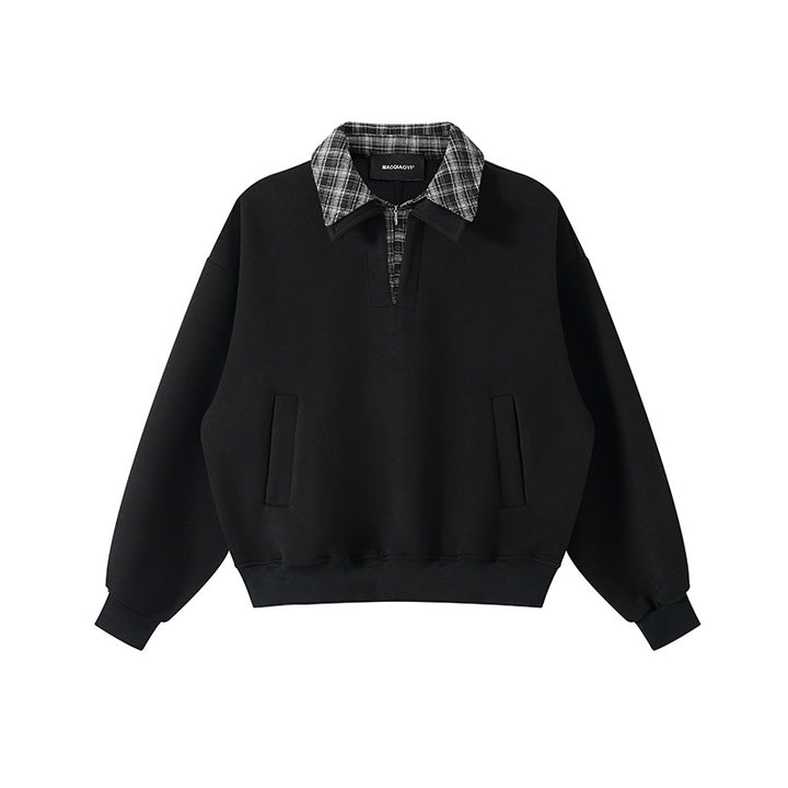 Unisex layered look sweatshirt with sewn-in check collar and side pocket openings Mune Fashion
