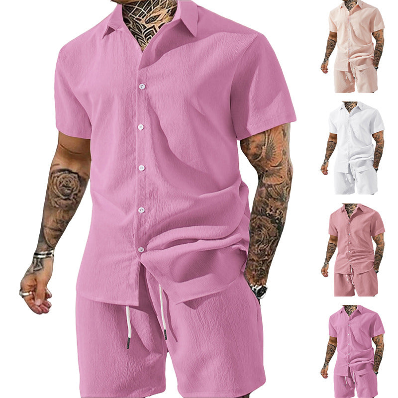 Men's Crinkle Lounge Set with Open Lapel Shirt, Integrated Short Sleeve T-Shirt, and Drawstring Bermuda Mune Fashion