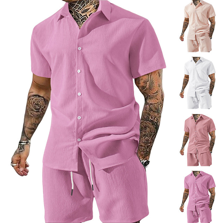 Men's Crinkle Lounge Set with Open Lapel Shirt, Integrated Short Sleeve T-Shirt, and Drawstring Bermuda Mune Fashion