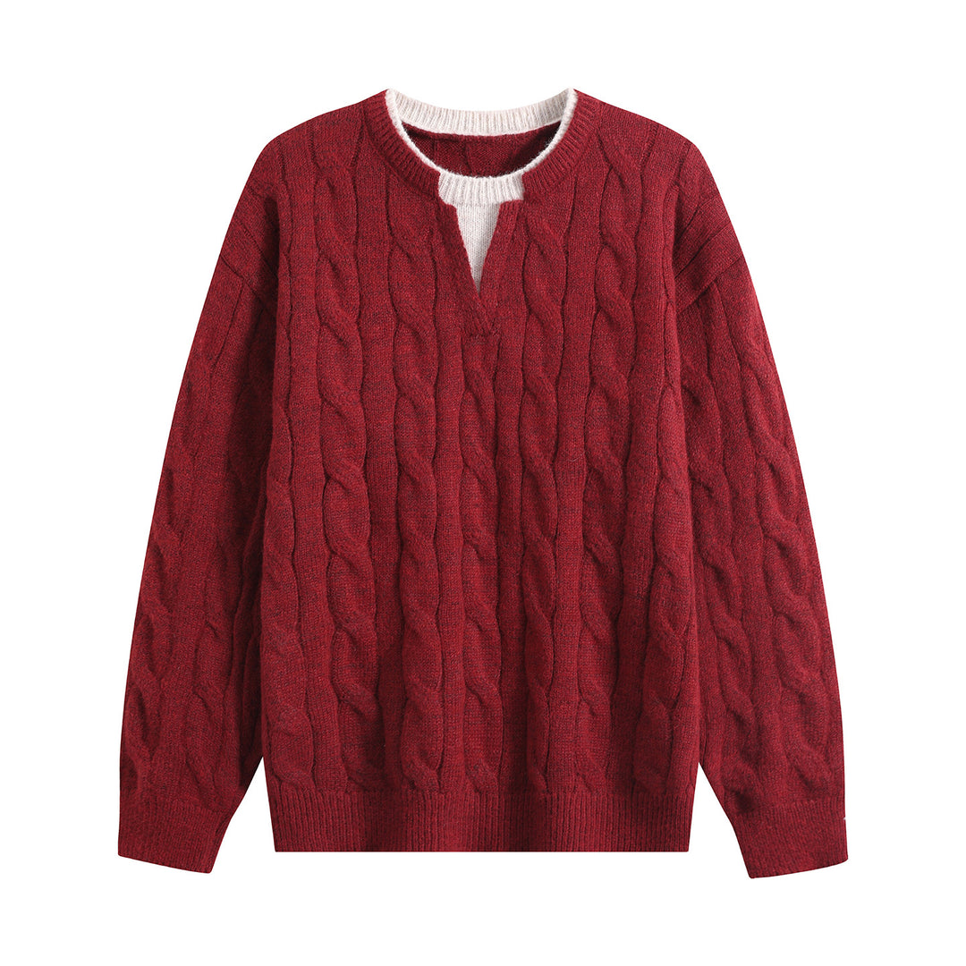 Women Oversize Cable Knit Sweater with V-Slit Collar Mune Fashion