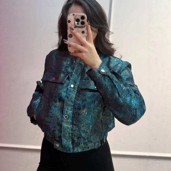 Women's Short Jacket in Metallic Jacquard with Snap Button Placket and Flap Pockets Mune Fashion