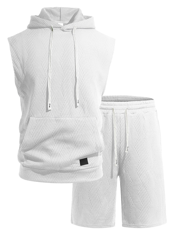 Men's sleeveless hoodie lounge set made of textured cotton blend with kangaroo pocket and elastic leisure pants Mune Fashion