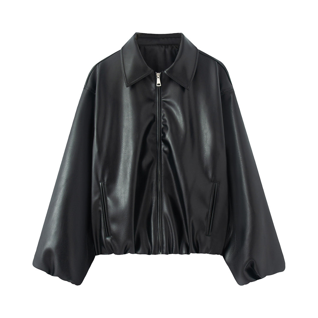 Women's Nan Kastiger Oversized Faux Leather Blouson with Shirt Collar, Hidden Zipper, Concealed Pocket, and Elastic Hem Mune Fashion