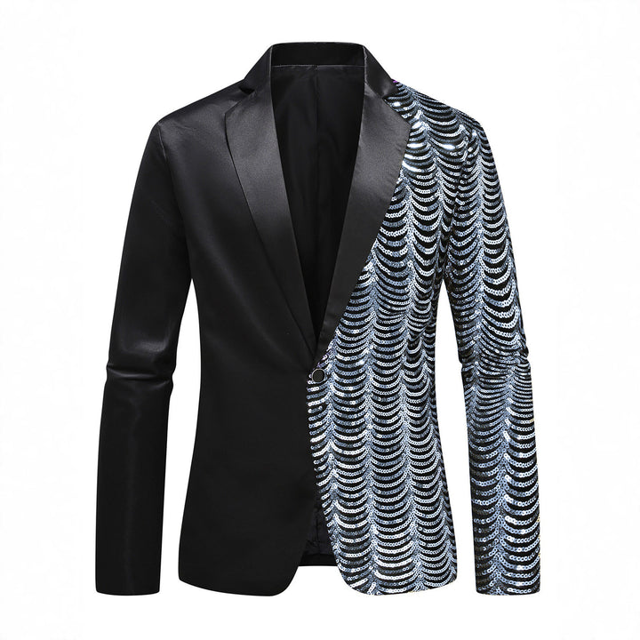 Men's Glamour Tuxedo Jacket with Half-Side Sequin Trim and Satin Lapel Mune Fashion