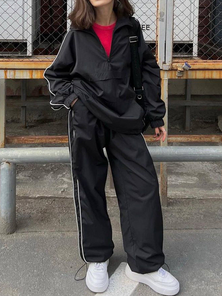 Women Two-Piece Sporty Jogging Set with Half Zipper, Piping and Elastic Waist Pants Mune Fashion