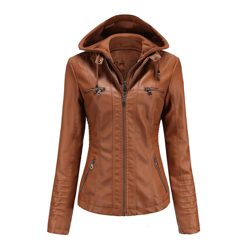 Women Tailored Faux Leather Jacket with Removable Hood and Zipper Mune Fashion