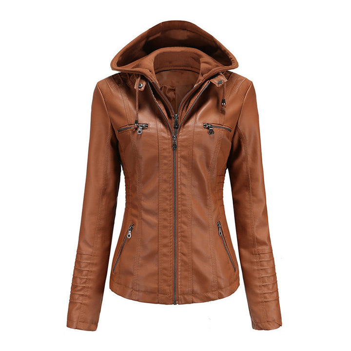 Women Tailored Faux Leather Jacket with Removable Hood and Zipper Mune Fashion