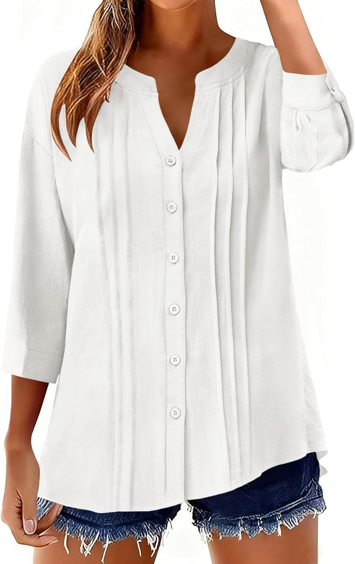 Women Loose Tunic Shirt with Pleats and Three-Quarter Sleeves Mune Fashion