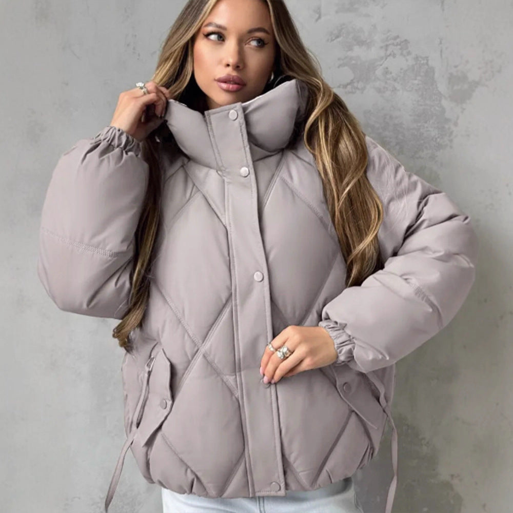 Women's Quilted Diamond-Quilted Puffer Jacket with Hood and Concealed Zipper Mune Fashion