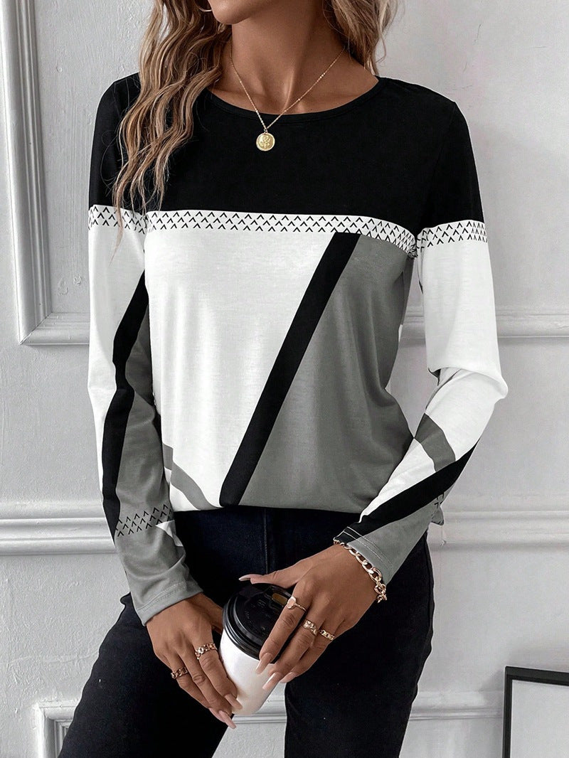 Women's Long Sleeve Shirt with Geometric Block Print and Round Neck Mune Fashion