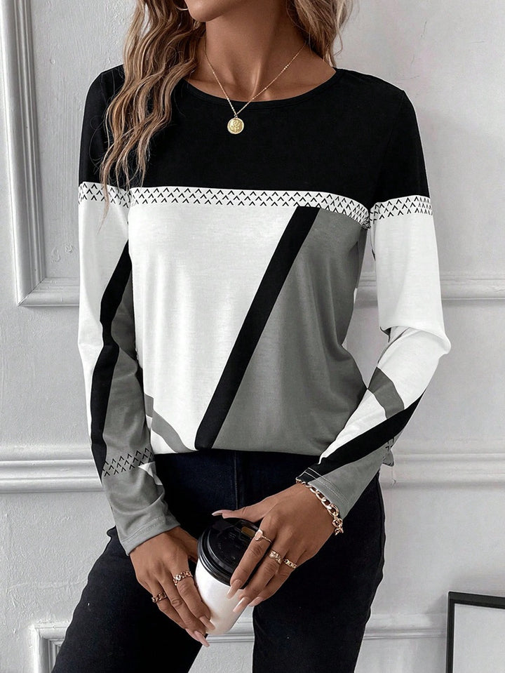Women's Long Sleeve Shirt with Geometric Block Print and Round Neck Mune Fashion