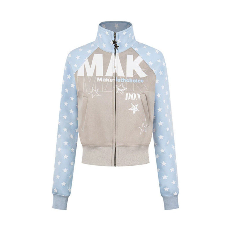 Women's cropped zip-up sweatshirt with stand-up collar, star print, and raglan sleeves Mune Fashion