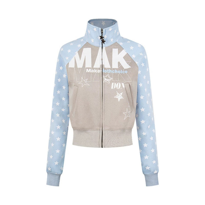 Women's cropped zip-up sweatshirt with stand-up collar, star print, and raglan sleeves Mune Fashion