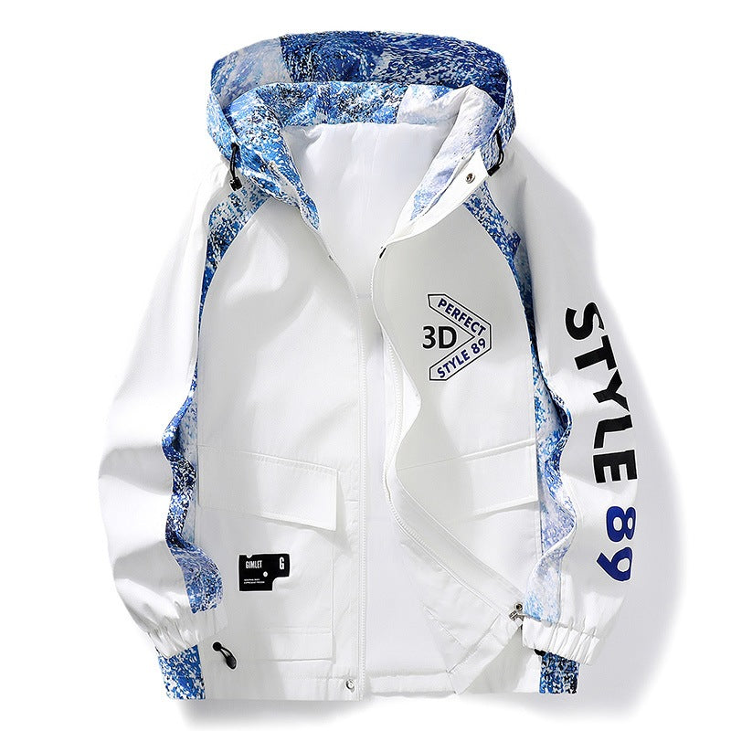 Men's Lightweight Hooded Windbreaker with Camouflage Accents & Graphic Print Mune Fashion
