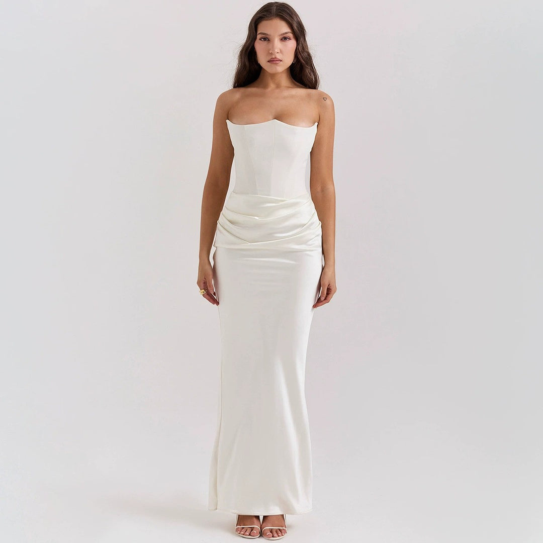 Women's strapless corset evening dress with contoured bodice construction and elegant hip draping Mune Fashion
