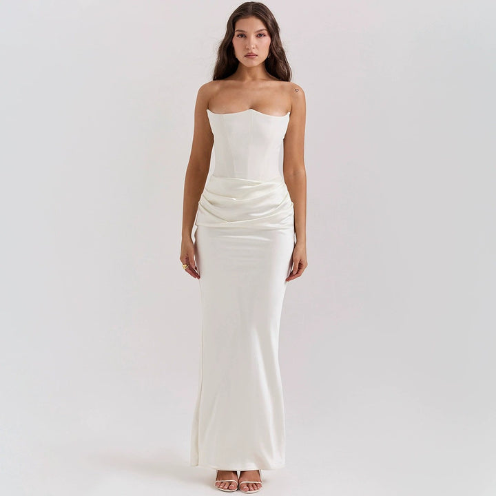 Women's strapless corset evening dress with contoured bodice construction and elegant hip draping Mune Fashion