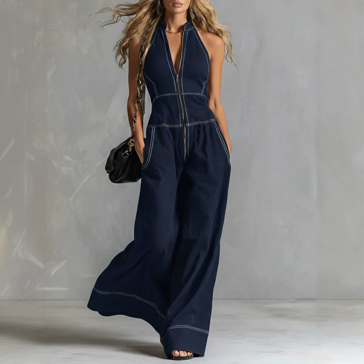 Women's Sleeveless Halter Jumpsuit with Zipper, Wide Leg and Side Pockets Mune Fashion