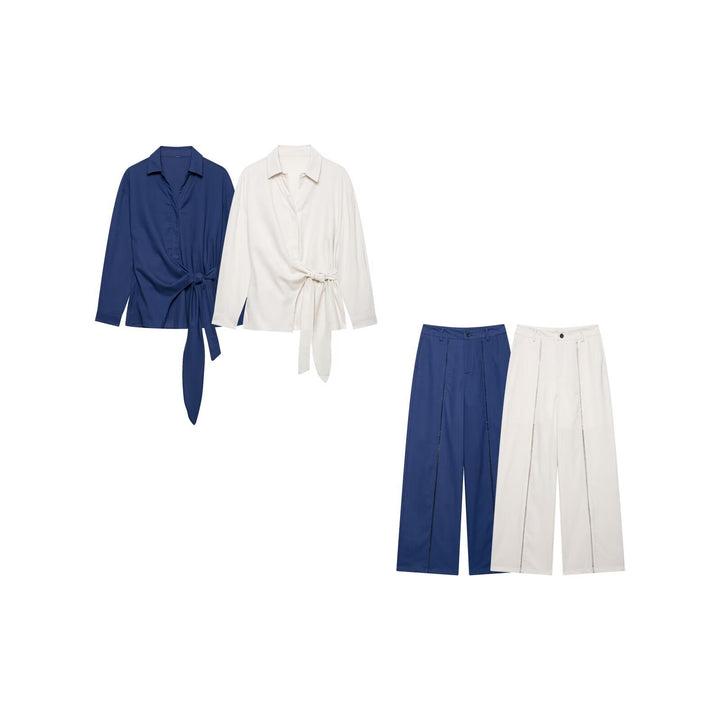 Women's Two-Piece Ensemble with Wrap Blouse with Waist Tie and Wide-Cut Linen Pants with Decorative Stripes Mune Fashion