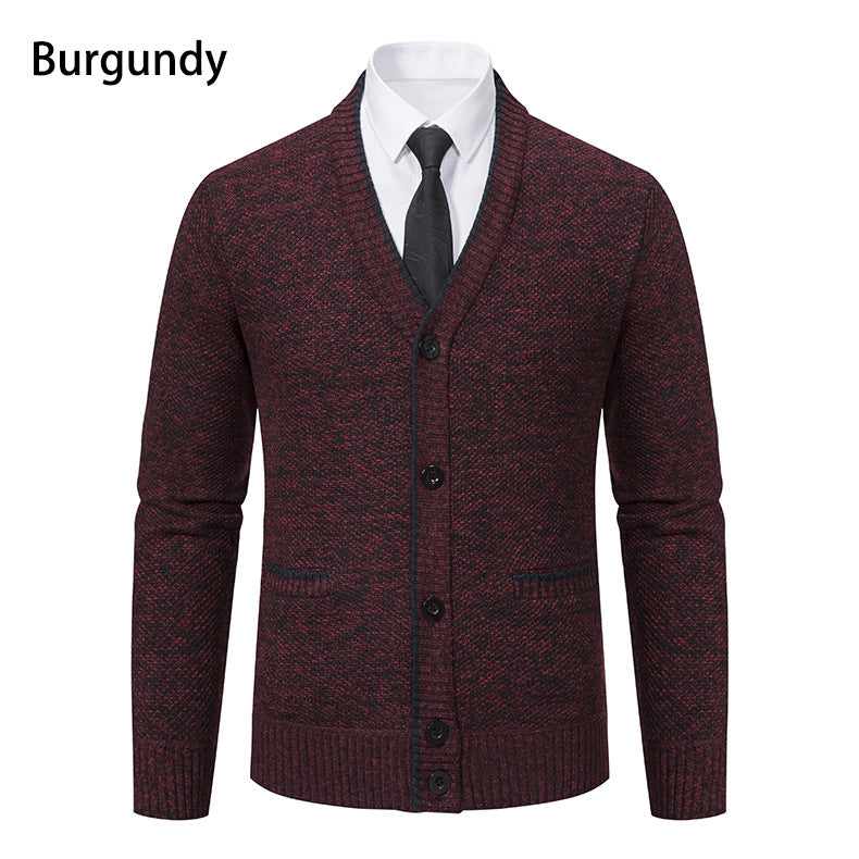 Men's knitted cardigan with melange structure, V-neck, contrast edges, and patch pockets Mune Fashion
