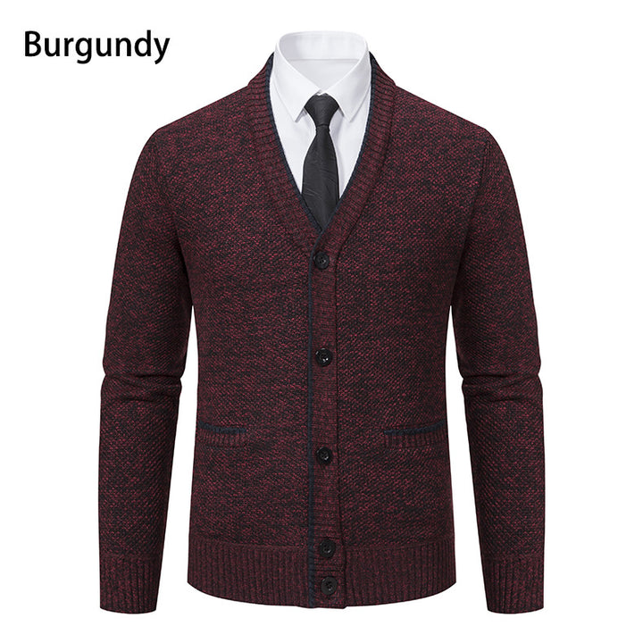 Men's knitted cardigan with melange structure, V-neck, contrast edges, and patch pockets Mune Fashion