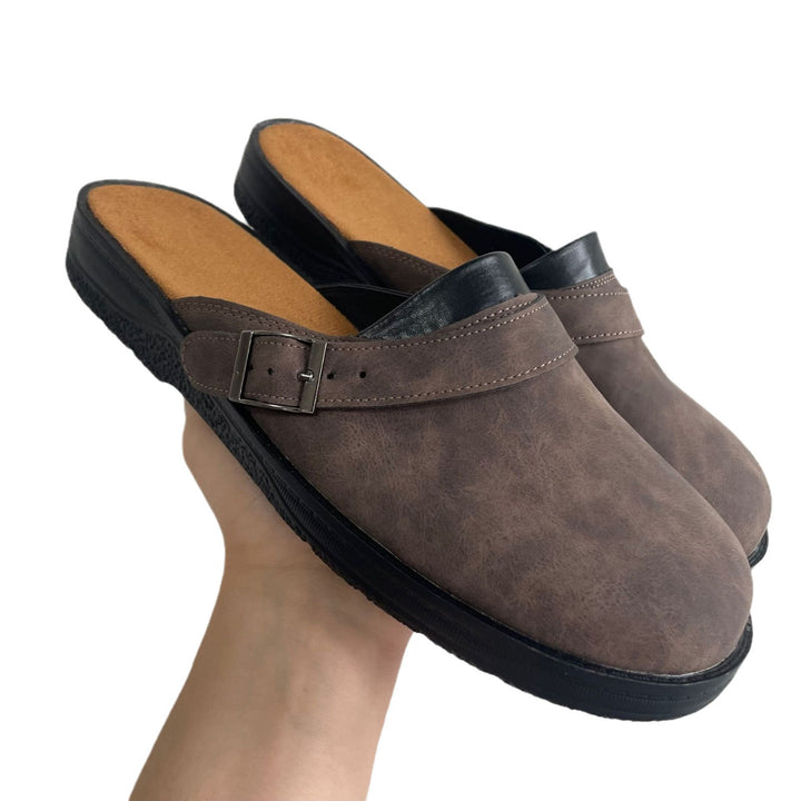 Women's faux leather slide with adjustable buckle strap and cushioned comfort footbed Mune Fashion