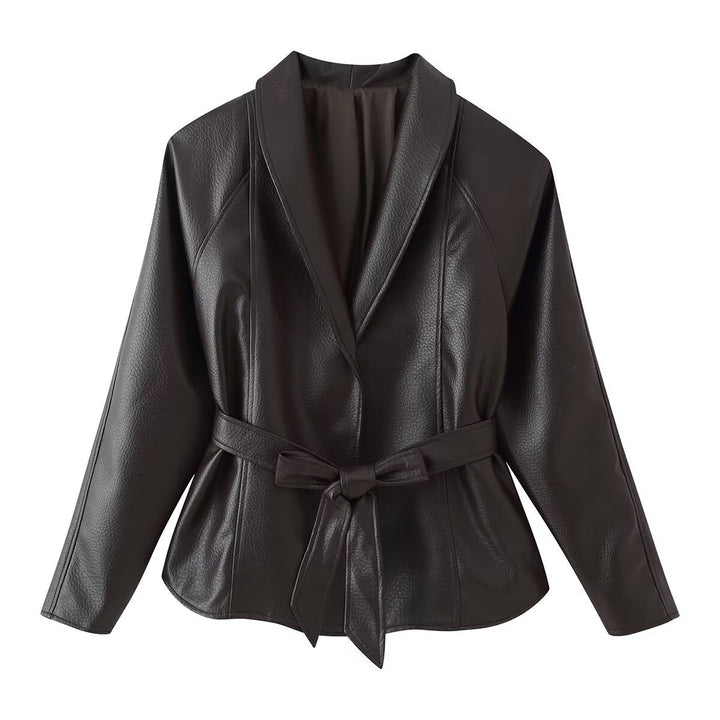 Women's Tailored Tie-Belt Leather Blazer with Shawl Collar Mune Fashion